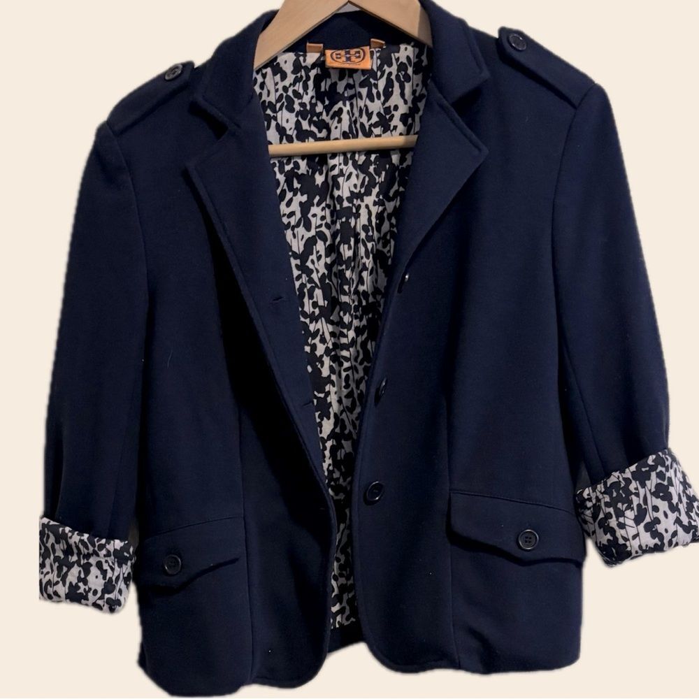 Tory Burch EUC Stretch Knit Navy Blue Blazer 3 Button Front Size Extra Small